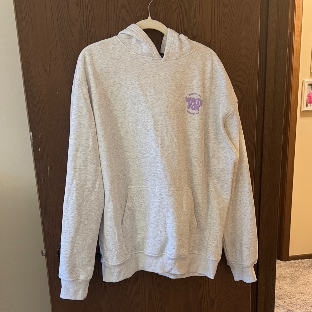White Fox Boutique Gray Hoodie with Purple Logo